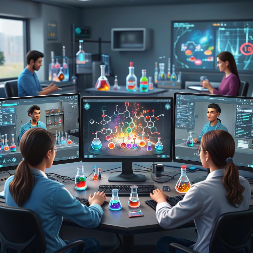 Cartoon illustration of a messy fun chemistry lab