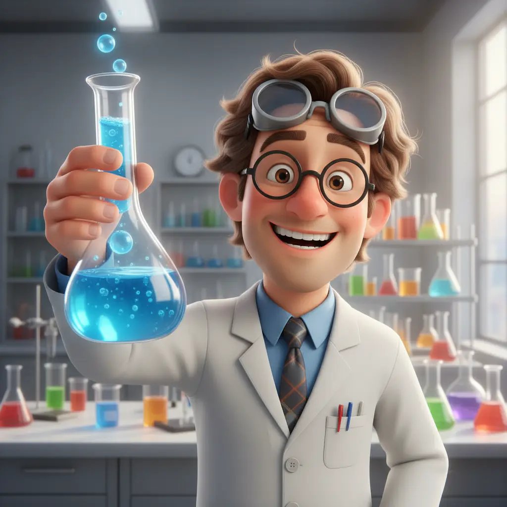 Friendly scientist character holding a test tube