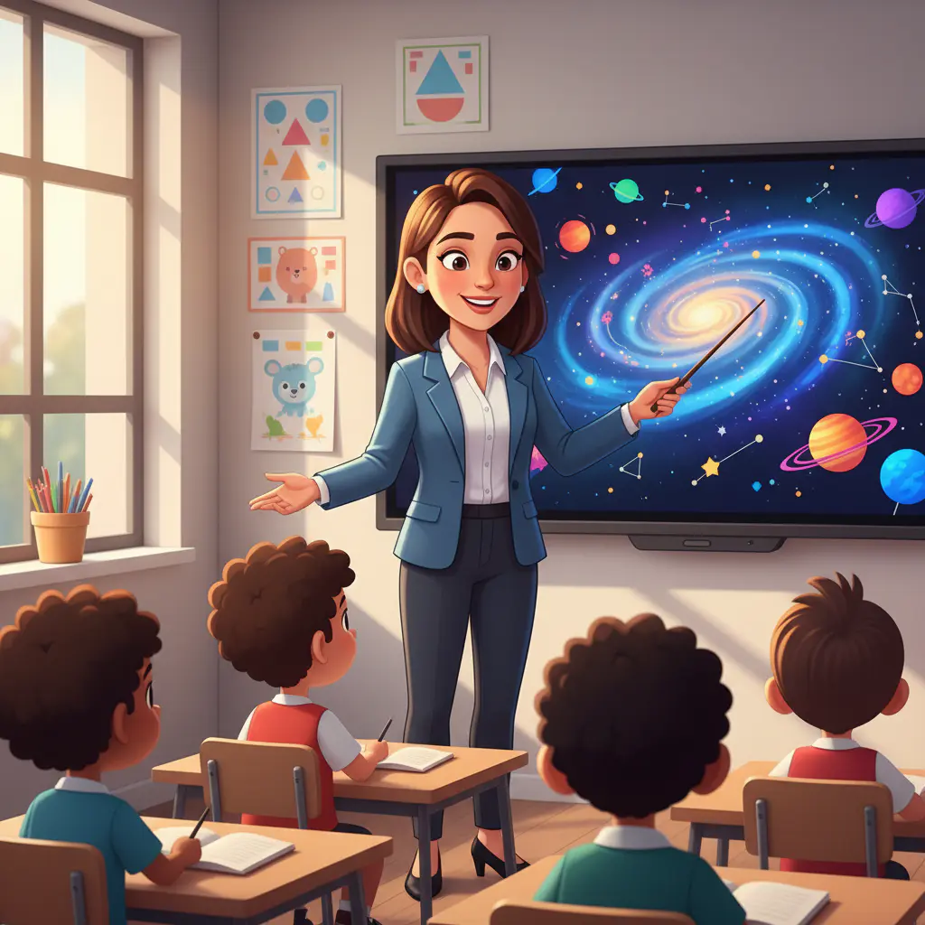 Teacher pointing at a smart board
